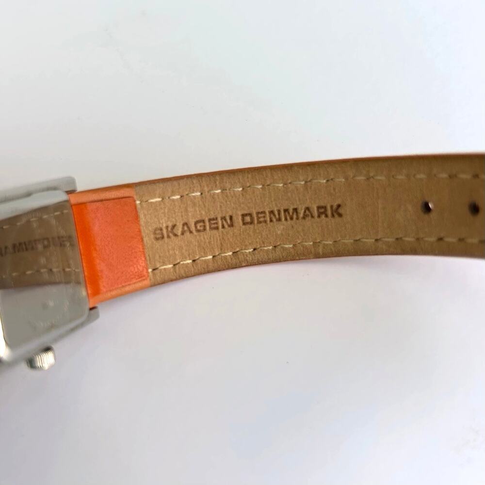 Skagen Denmark Square Watch Mother of Pearl Orange Leather Strap 2000s Vintage - Picture 12 of 14